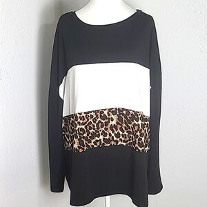 Shein Longsleeve Black Top with White & Leopard Print Across the Front,  Size 4X